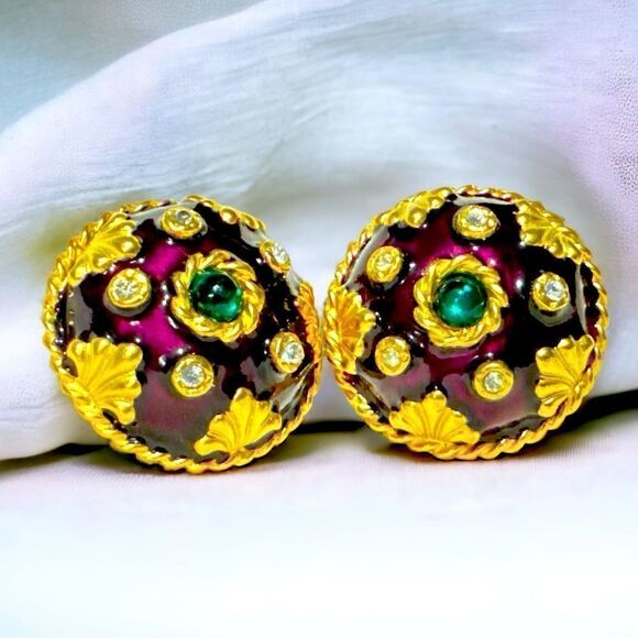 Vtg  GERARD YOSCA burgundy enamel gold plated round spherical clip earrings - Picture 1 of 8